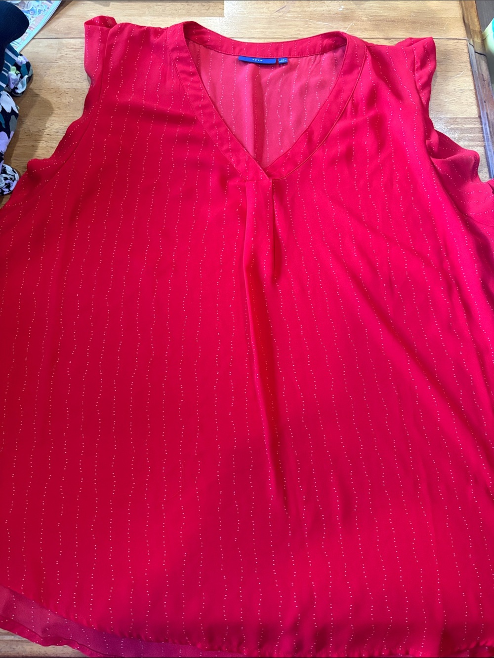 Apt. 9 Red V-Neck Short Sleeve Blouse with Metallic Pinstripes